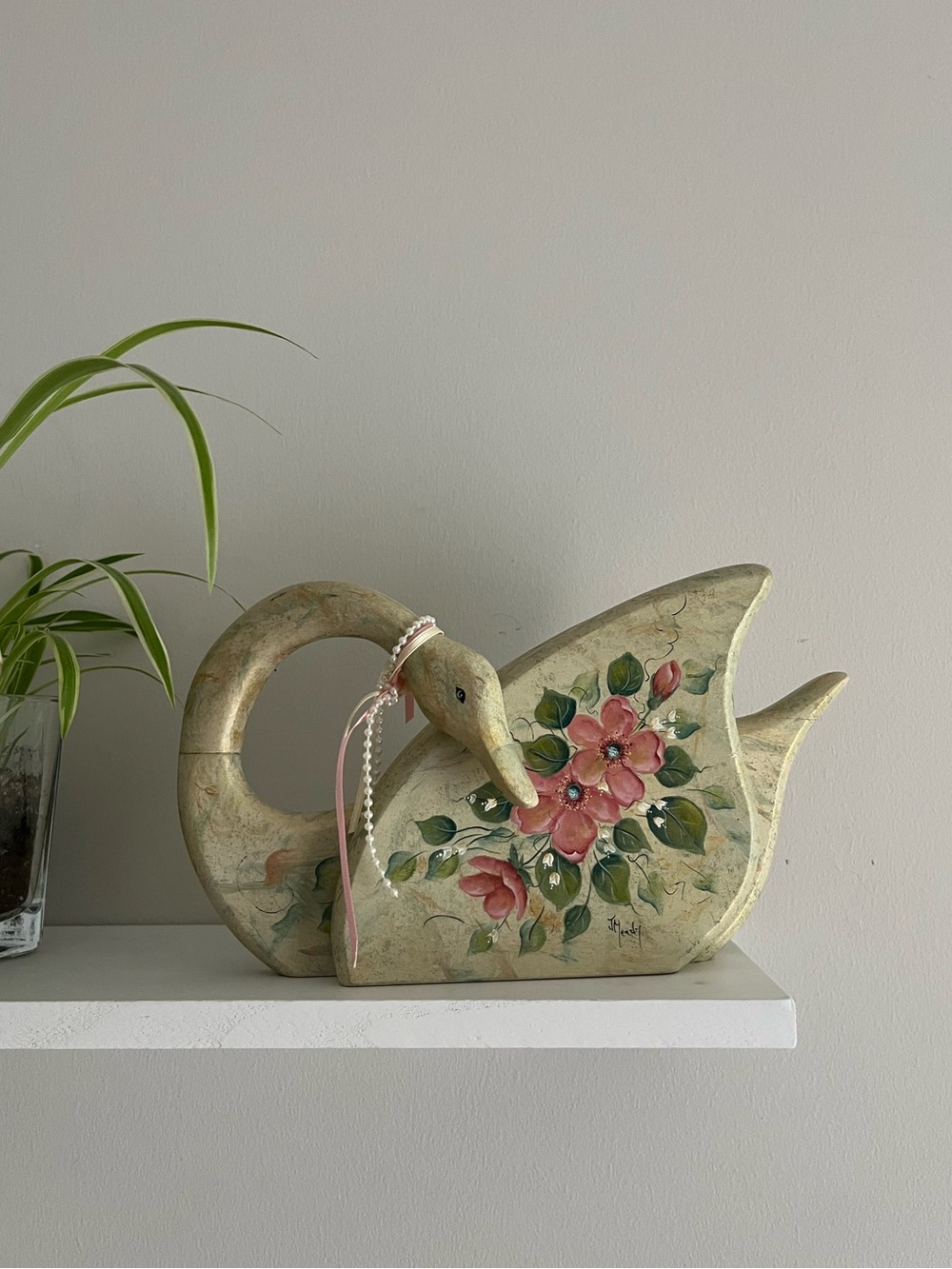 Vintage 90s wooden swan handmade and painted